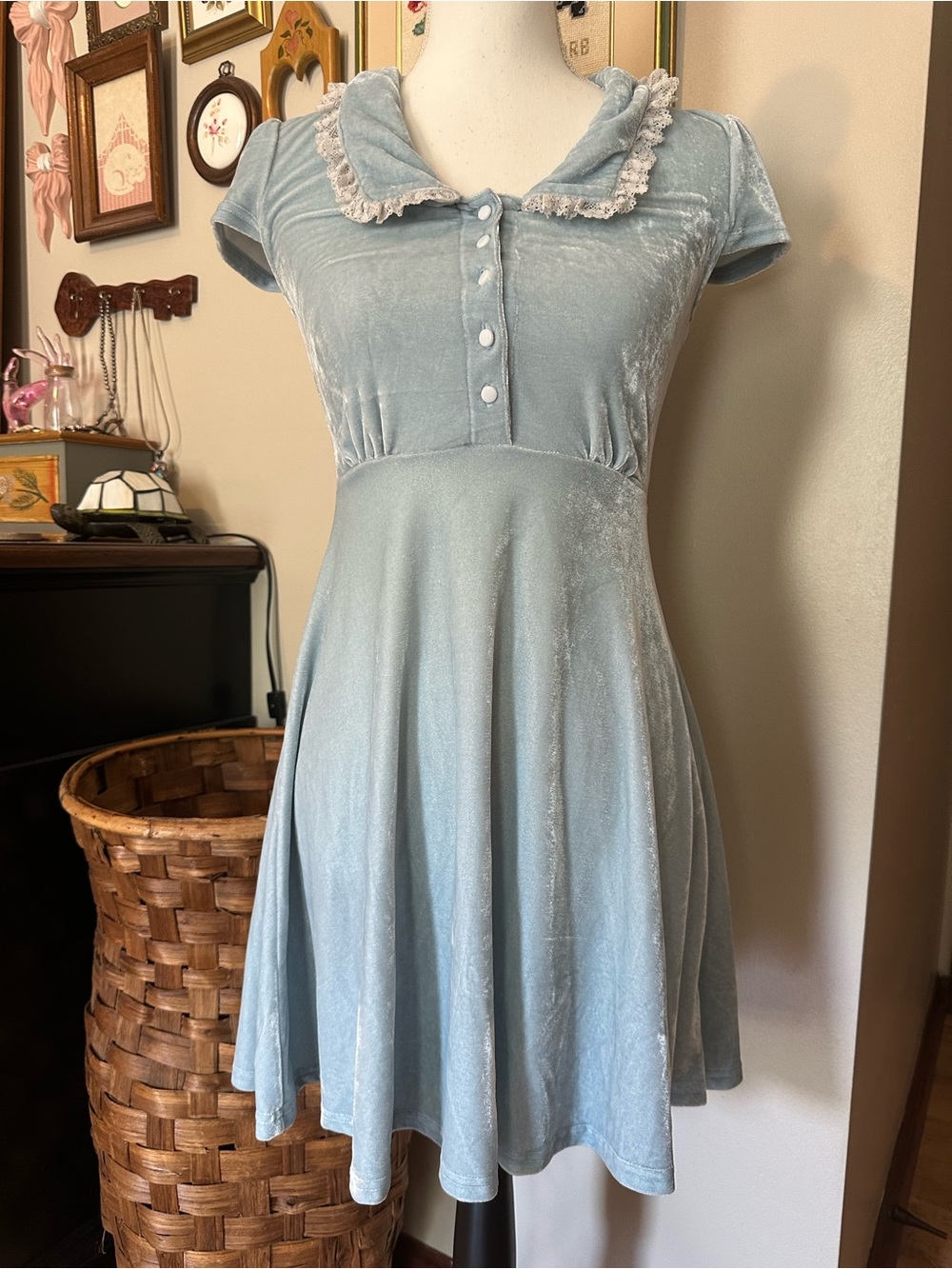 Killstar baby blue velvet mini dress with lace Peter Pan collar and buttons